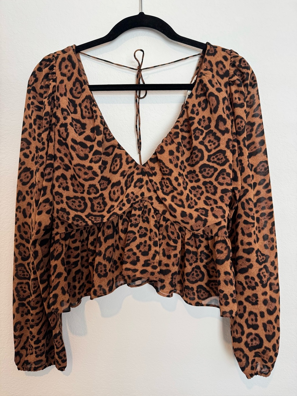 H & M Animal Print V Neck Long Sleeve Peplum Blouse Top